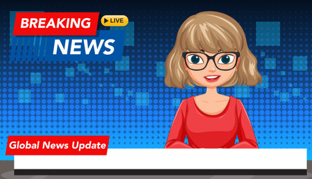 Vector illustration of a cartoon news anchor with glasses, set against a digital blue background, conveying a breaking news themeのイラスト素材