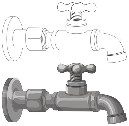 A vector illustration showcasing a water faucet in both outline and shaded styles, highlighting technical precision and designのイラスト素材