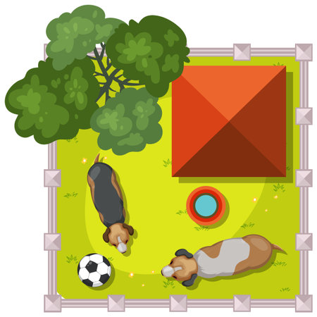 Two dogs playing in a fenced yardのイラスト素材