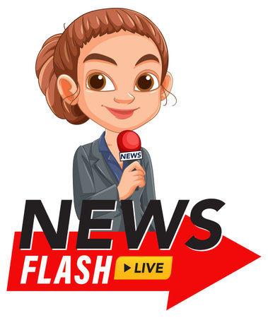 Vector illustration of a female news reporter holding a microphone, featuring bold colors and a dynamic compositionのイラスト素材