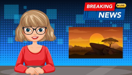 Vector illustration of a news anchor in a studio setting, featuring vibrant colors and a modern, digital styleのイラスト素材