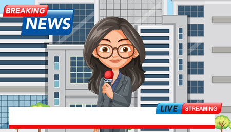 Vector illustration of a news reporter with microphone, set against a cityscape backdrop, featuring vibrant colors and modern designのイラスト素材
