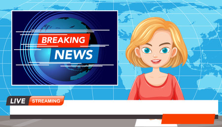 Vector illustration of a news anchor with a breaking news graphic. Features vibrant colors and a modern, digital styleのイラスト素材
