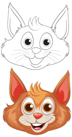 Vector illustration of a smiling cartoon cat face with vibrant colors and bold outlines, showcasing both color and line art versionsのイラスト素材