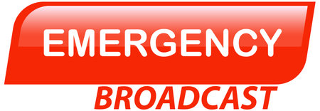 Bold red emergency broadcast icon with modern typography and glossy finish, ideal for urgent...
