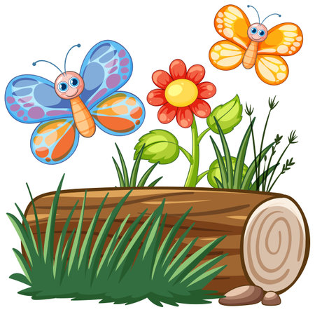 Vibrant vector illustration of butterflies and flowers with a log, featuring bright colors and playful compositionのイラスト素材