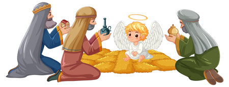 Three wise men presenting gifts to a baby angelのイラスト素材