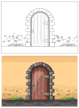 Charming arched door with stone frame and plantsのイラスト素材