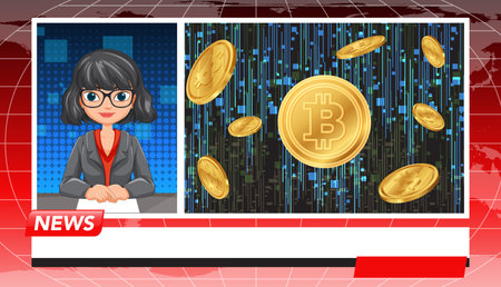 Vector illustration of a news anchor discussing cryptocurrency, featuring digital coins and a tech-themed backgroundのイラスト素材