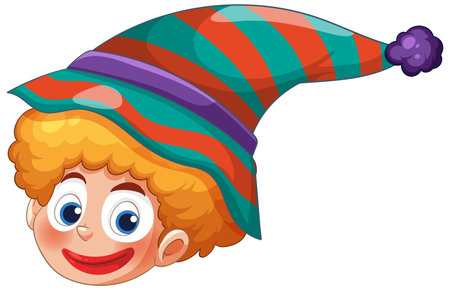 Vector illustration of a clown head with a vibrant striped hat. Bright colors and playful expression create a whimsical atmosphereのイラスト素材