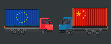 Illustration of trucks with EU and China flagsのイラスト素材