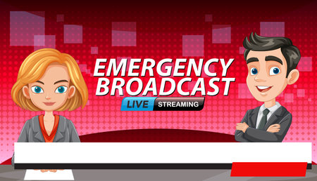 Colorful vector illustration of animated news anchors with a red digital backdrop, ideal for media and communication themesのイラスト素材