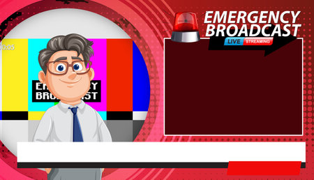 Colorful vector illustration of an emergency broadcast scene with a cartoon character and vibrant background elementsのイラスト素材