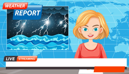 Vector illustration of a weather report with a smiling presenter and stormy background, ideal for media and educational useのイラスト素材