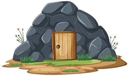 Vector illustration of a wooden door set in a rocky cave, surrounded by grass and plants, with earthy tonesのイラスト素材