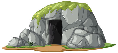 Vector illustration of a cave entrance with moss-covered rocks, showcasing natural textures and earthy tones in a cartoon styleのイラスト素材