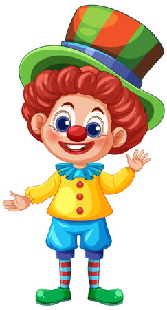 Cheerful clown illustration with vibrant colors, oversized hat, and playful expression. Ideal for children's content and festive themesのイラスト素材