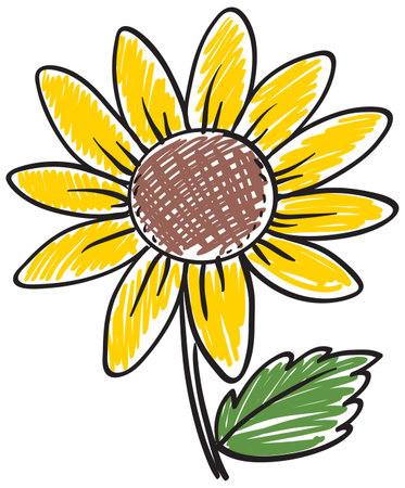 Vibrant sunflower illustration in a doodle style with bold outlines and textured colors, capturing a playful and cheerful essenceのイラスト素材
