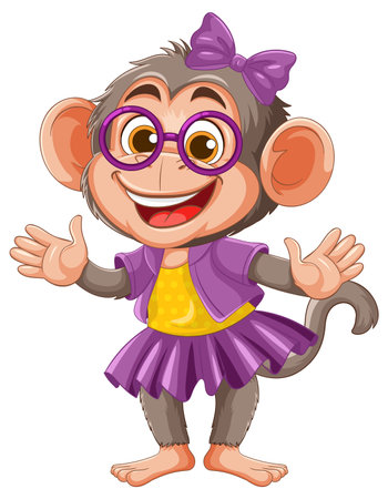 Vector illustration of a smiling monkey wearing glasses and a purple outfit. Bright colors and playful style enhance its charmのイラスト素材