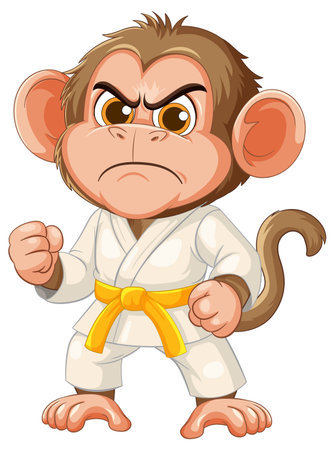 Cartoon monkey in a karate gi with a yellow belt, showcasing determination and strength in a vector...
