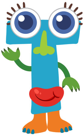 Playful vector illustration of a whimsical monster with vibrant colors, large eyes, and a friendly expressionのイラスト素材
