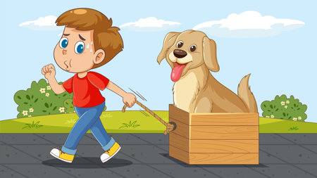 A playful vector illustration of a boy pulling a happy dog in a wooden cart on a sunny dayのイラスト素材