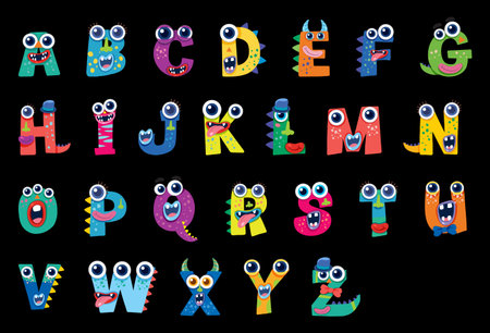 Playful alphabet letters transformed into quirky monsters with vibrant colors and expressive faces on a dark backgroundのイラスト素材