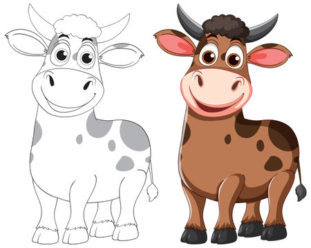 Adorable cartoon cow with vibrant colors and playful expression. Includes both colored and outline versions for versatile useのイラスト素材