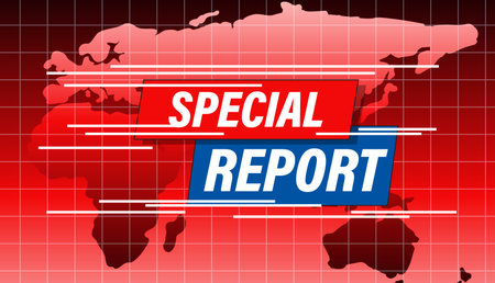 Dynamic vector illustration featuring a world map with bold red and blue colors, ideal for news and media presentationsのイラスト素材