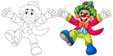 Vibrant clown illustration with bold colors and playful expression. Includes a detailed outline version for versatile useのイラスト素材
