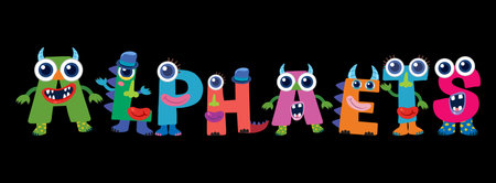 Playful vector illustration of alphabet letters as colorful monsters with big eyes and quirky...