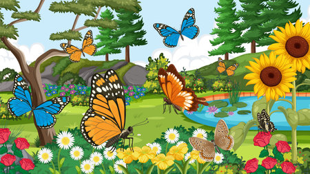 Colorful butterflies flutter among sunflowers and lush greenery in a vibrant, detailed vector illustration of a garden sceneのイラスト素材