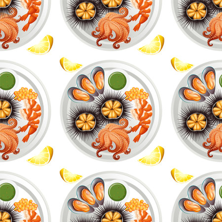 Colorful seafood arrangement with lemon slicesのイラスト素材