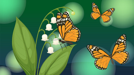 Vibrant vector illustration of monarch butterflies with lily of the valley on a gradient green backgroundのイラスト素材