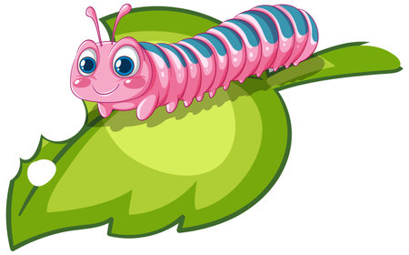 A vibrant caterpillar with big eyes rests on a green leaf. Bright colors and cartoon style enhance its playful appearanceのイラスト素材