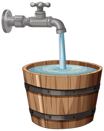 Vector illustration of water pouring from a faucet into a wooden bucket, showcasing clean lines and realistic texturesのイラスト素材