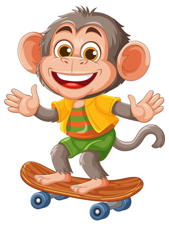 A playful monkey rides a skateboard, wearing vibrant clothing. Bright colors and cartoon style enhance the lively sceneのイラスト素材