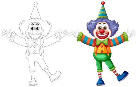 Vibrant clown illustration with colorful attire and cheerful expression. Includes detailed outline version for versatile useのイラスト素材