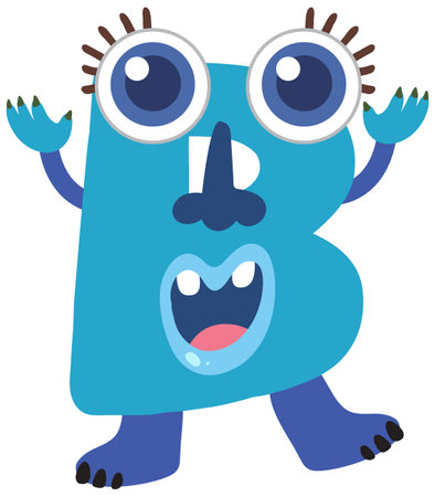 Whimsical blue monster shaped like the letter B with large eyes and playful expression. Bold colors and cartoon styleのイラスト素材