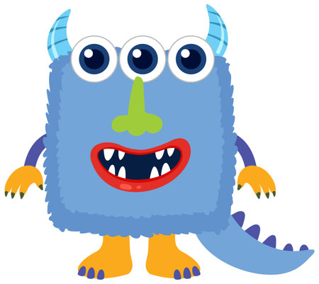 Playful, square-shaped monster with three eyes, vibrant colors, and cartoon style. Ideal for children's media and creative projectsのイラスト素材