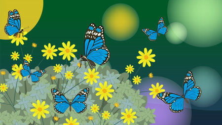 Blue butterflies flutter among yellow flowers against a soft-focus green background. Vector illustration with vivid colors and dynamic compositionのイラスト素材