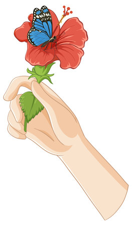 Vector illustration of a hand holding a hibiscus flower with a blue butterfly perched on top. Bright colors and clean linesのイラスト素材