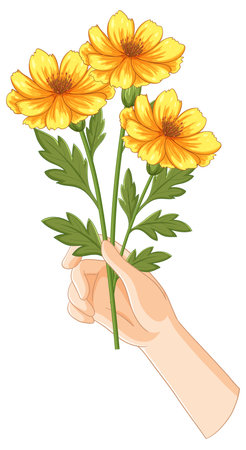 Vector illustration of a hand holding three bright yellow flowers with green leaves, showcasing a clean and simple designのイラスト素材