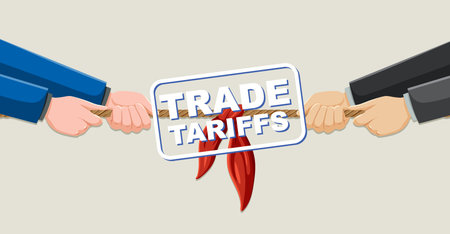 Two hands pulling rope labeled trade tariffsのイラスト素材