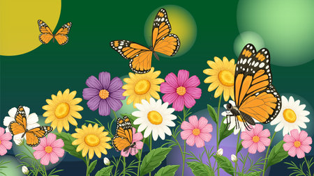 Colorful butterflies flutter among bright daisies and asters in a lush, green garden setting. Vivid vector illustration with detailed elementsのイラスト素材
