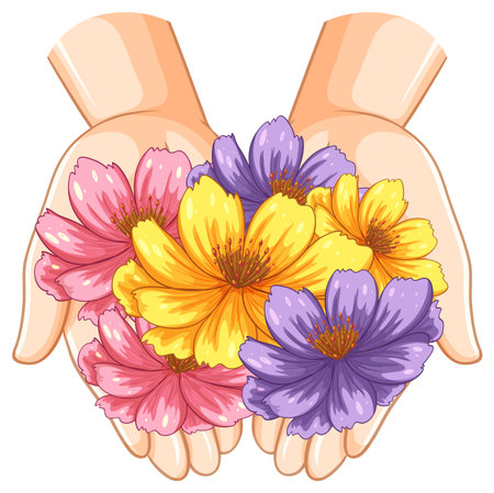 Vector illustration of hands gently cradling vibrant flowers. Bright colors and soft shading create a warm, inviting compositionのイラスト素材