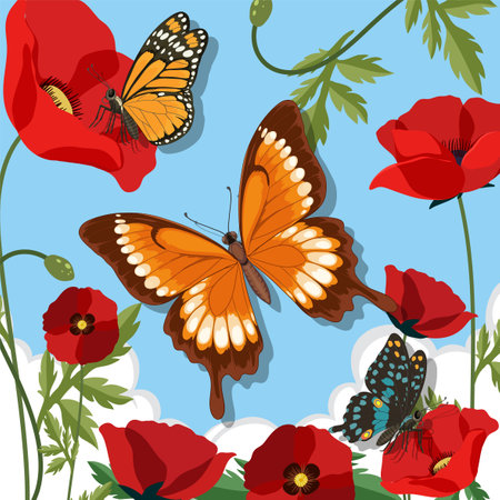Colorful butterflies flutter around vivid red poppies against a bright blue sky. Detailed vector art with bold, contrasting colorsのイラスト素材