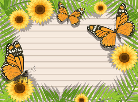 Vibrant vector illustration of butterflies and sunflowers framed by lush green leaves, featuring warm colors and balanced compositionのイラスト素材