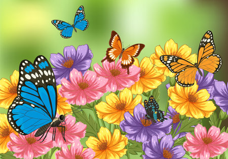Vibrant vector illustration of butterflies among colorful flowers. Bright colors, detailed design, and dynamic composition create a lively sceneのイラスト素材