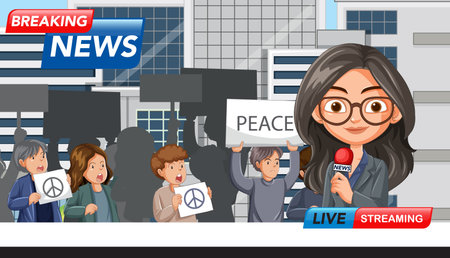 Vector illustration of a news reporter covering a peaceful protest. Features vibrant colors and...